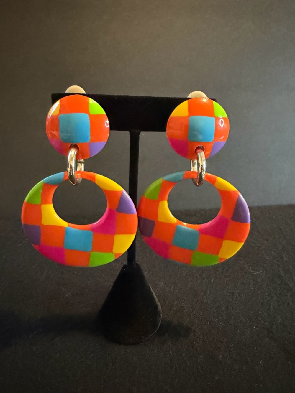 Retro Vibrant Checkerboard Hoop Drop Clip On Earrings